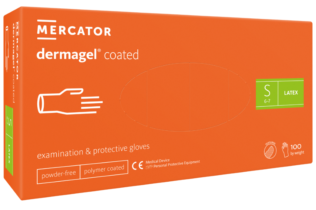 Латексні оглядові нестерильні неприпудрені рукавички Dermagel® coated, розмір S, Mercator Medical